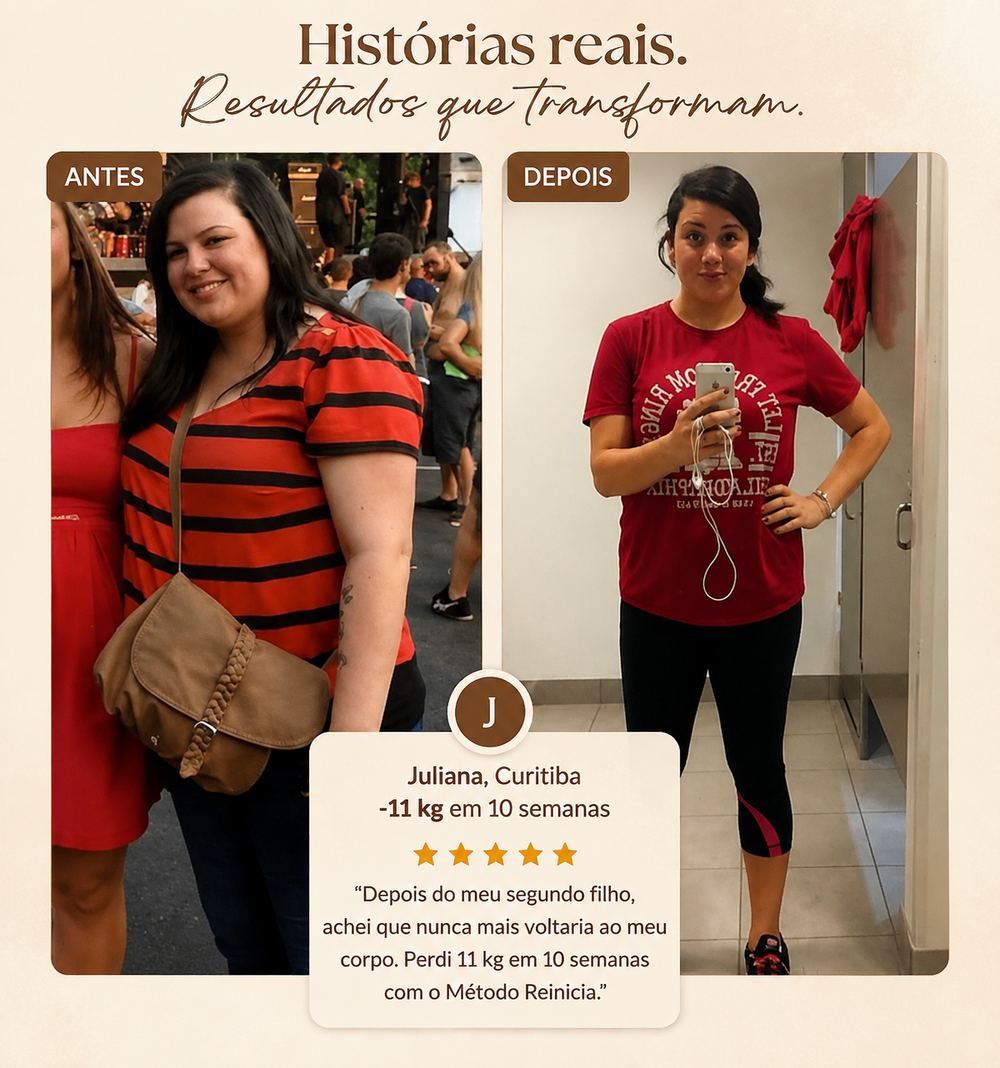 Juliana, Curitiba — antes e depois, -11 kg em 10 semanas